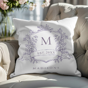 Lavender Classic Floral Crest Monogram  Throw Pillow