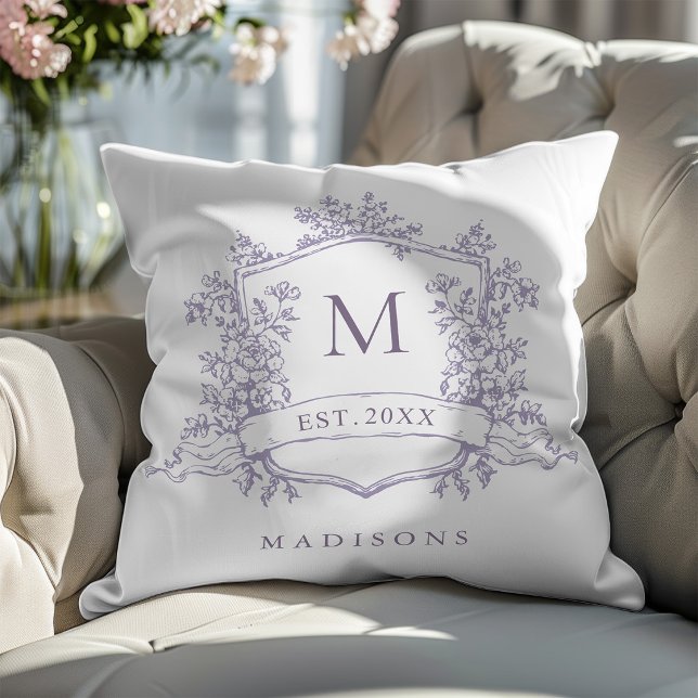 Lavender Classic Floral Crest Monogram  Throw Pillow (Creator Uploaded)