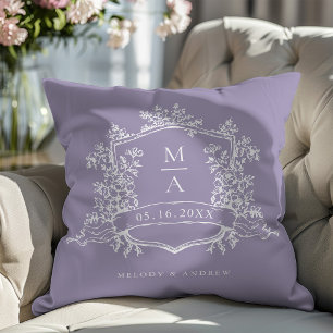 Lavender Classic Floral Crest Monogram Wedding Throw Pillow