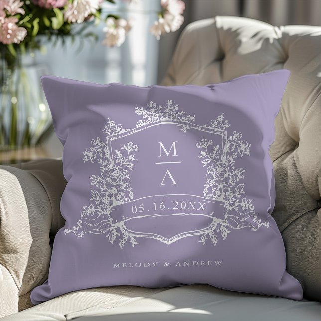 Lavender Classic Floral Crest Monogram Wedding Throw Pillow (Creator Uploaded)