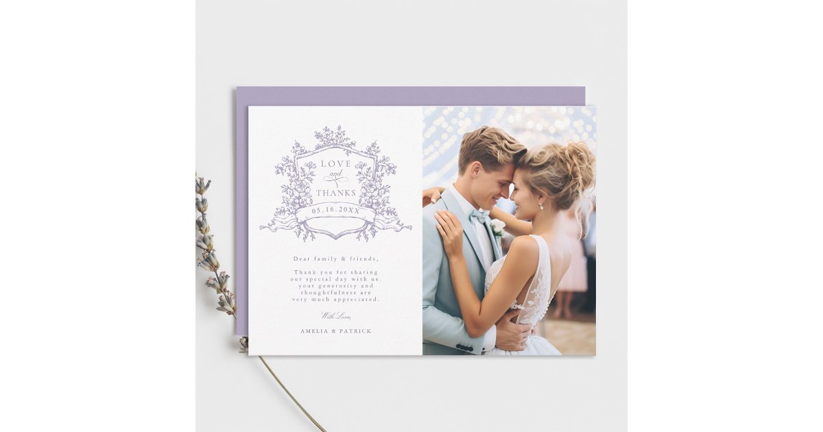 Lavender Classic Floral Crest Wedding Photo Thank You Card | Zazzle