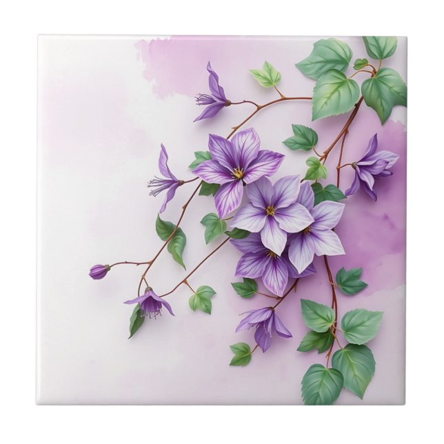 Lavender Clematis Vine Watercolor  Ceramic Tile (Front)