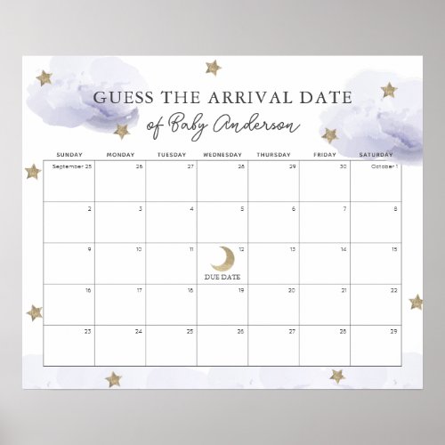 Lavender Clouds Stars Guess The Due Date Calendar Poster