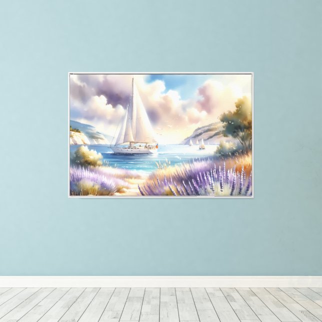 Lavender Coast Sailboat Watercolor Scene Canvas Print (Insitu(Wood Floor))