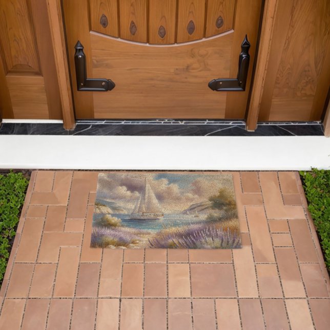 Lavender Coast Sailboat Watercolor Scene Fiber Doormat (Insitu (Outdoor))