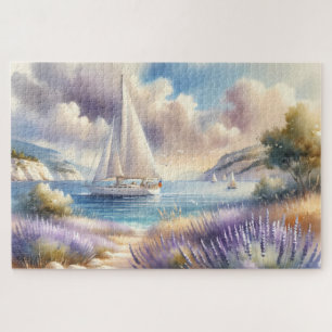 Lavender Coast Sailboat Watercolor Scene Jigsaw Puzzle