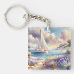 Lavender Coast Sailboat Watercolor Scene Keychain