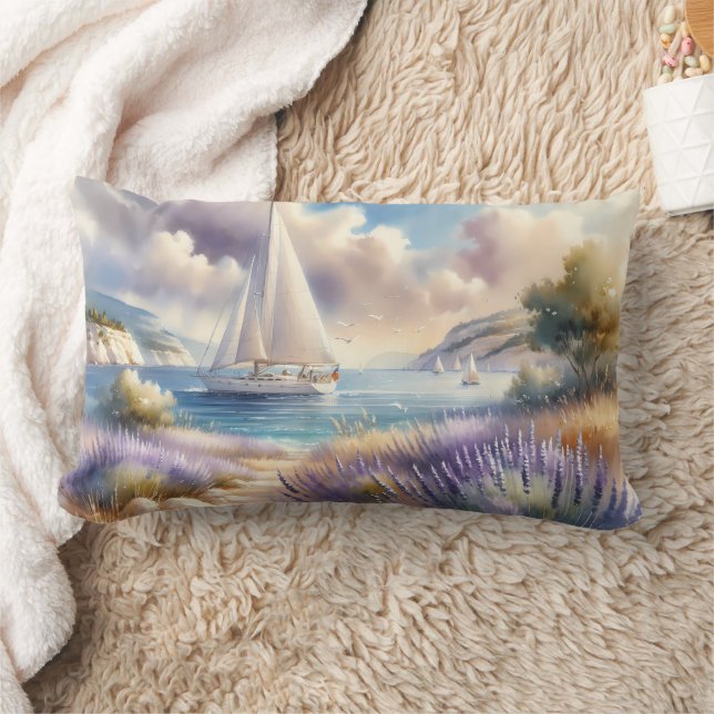 Lavender Coast Sailboat Watercolor Scene Lumbar Pillow (Blanket)