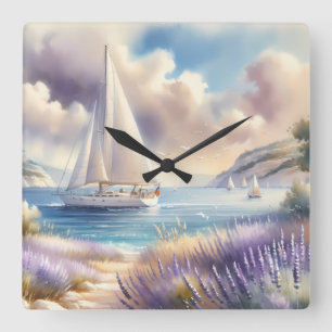Lavender Coast Sailboat Watercolor Scene Square Wall Clock