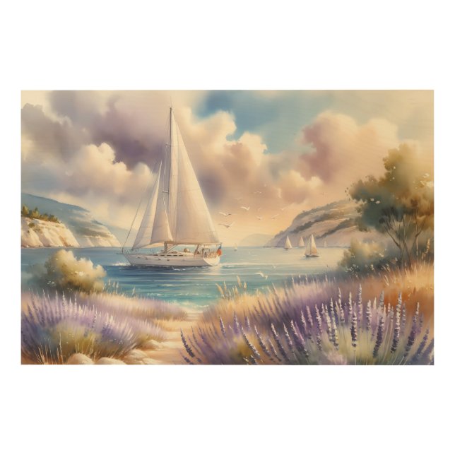 Lavender Coast Sailboat Watercolor Scene Wood Wall Art (Front)