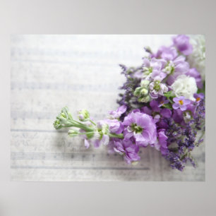 lavender-colored flowers on old music poster