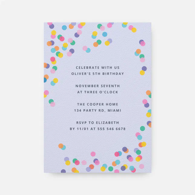 Lavender Colorful Confetti Kids Birthday Party Invitation | Zazzle