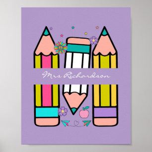 Lavender Colorful Teacher Cartoon Pencil Poster