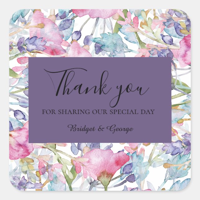 lavender colorful wildflower  greenery wedding square sticker (Front)