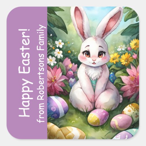 Lavender Colourful Floral Bunny Easter Eggs Square Sticker