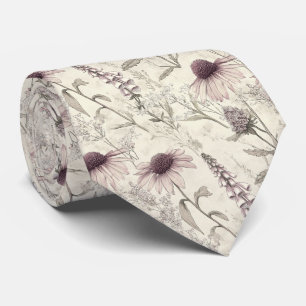 Lavender Coneflower Sketch Botanical Wedding Neck Tie