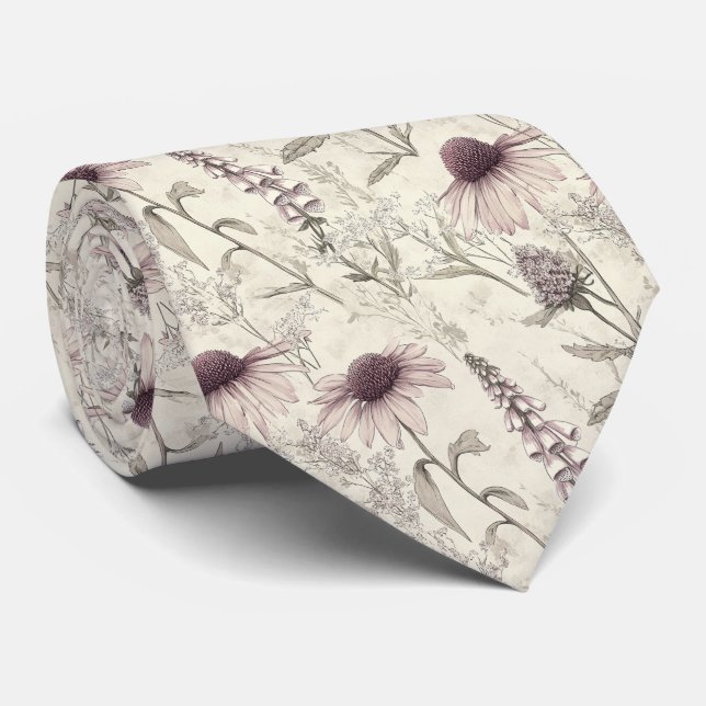 Lavender Coneflower Sketch Botanical Wedding Neck Tie (Rolled)