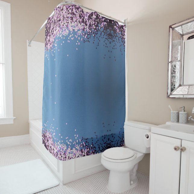 Lavender confetti on blue shower curtain (In Situ)