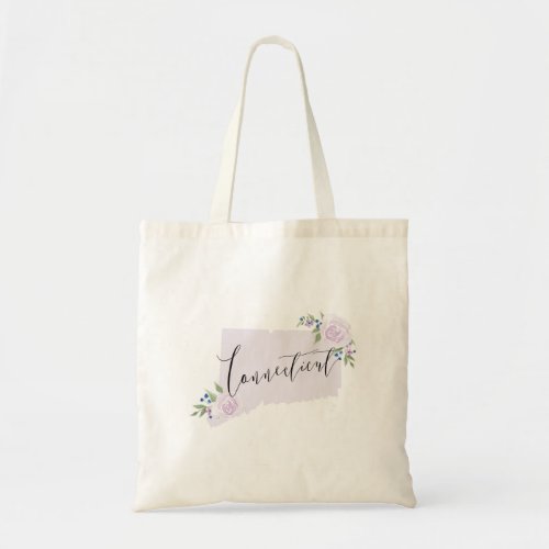Lavender Connecticut Floral State Map Tote Bag