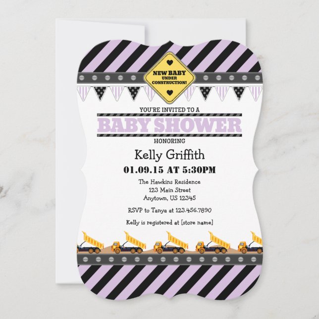 Lavender Construction Baby Shower Invitation (Front)