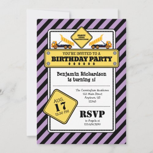 Lavender Construction Birthday Invitation
