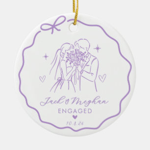 Lavender Coquette Bow Bride Groom Sketch Engaged Ceramic Ornament
