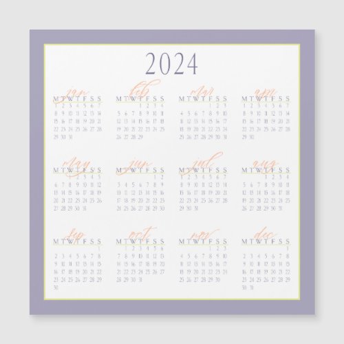 Lavender  Coral 2024 Monday_Start Calendar Magnet