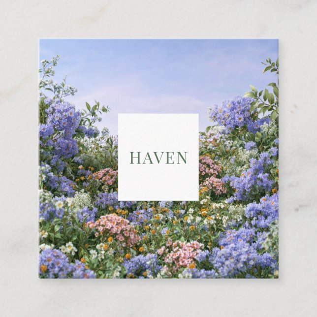 Lavender Coral Floral Meadow Square Frame Business Card (Front)