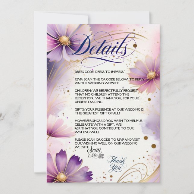  Lavender Cosmos Flowers QR Code Detail Card  (Front)