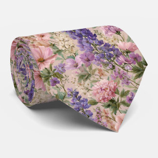 Lavender & Cosmos Pastel Floral Wedding Neck Tie