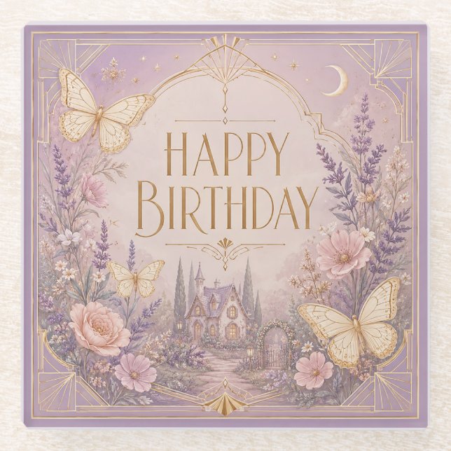 Lavender Cottage Birthday Dreamscape Glass Coaster (Front)