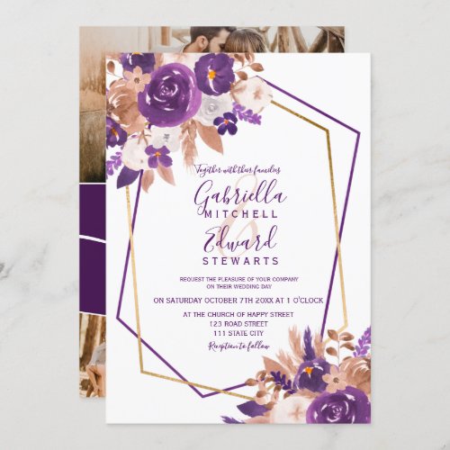 Lavender cotton floral watercolor photo wedding invitation