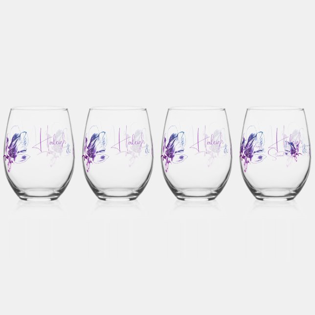 Lavender Couples Gift Drinkware Set Stemless Wine Glass (Front)