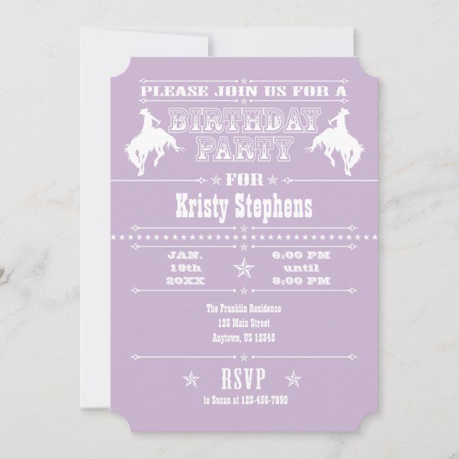 Lavender Cowboy Rodeo Birthday Party Invitation (Front)