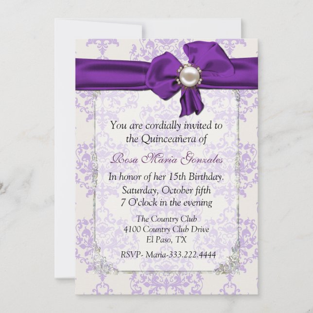 Lavender & Cream Damask Quinceañera Invitation (Front)