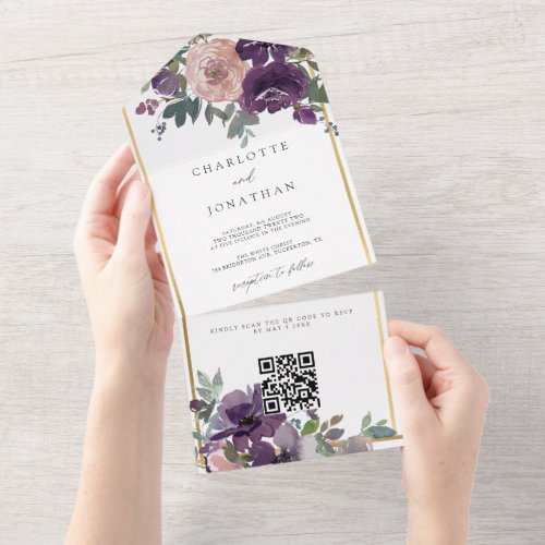 Lavender Cream Watercolor Foliage Rustic Wedding All In One Invitation