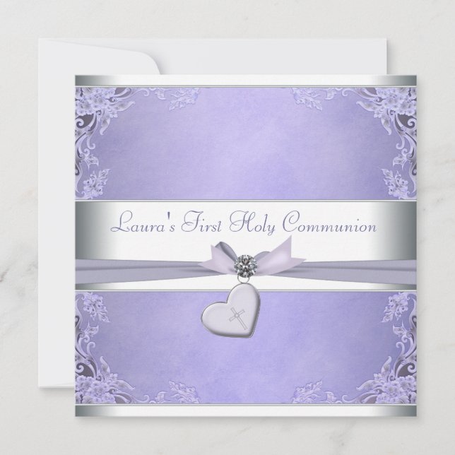 Lavender Cross Girls Purple First Communion Invitation (Front)