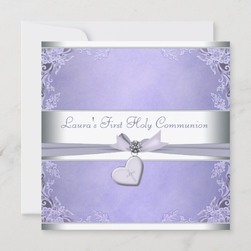 Lavender Cross Girls Purple First Communion Personalized Invite