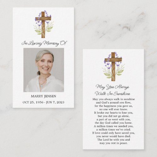 Lavender Cross Memorial Photo Funeral Prayer Card