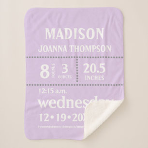 Lavender Cute Baby birth Stats announcement Sherpa Blanket