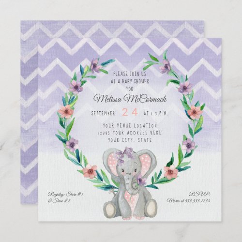 Lavender Cute Baby Elephant Wreath Floral Chevron Invitation