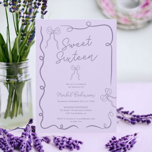 Lavender cute bows ribbons illustrations Sweet 16 Invitation