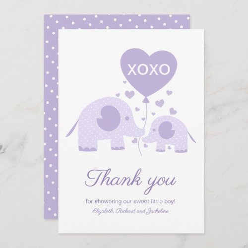 Lavender Cute Elephant Baby Shower Thank You Invitation
