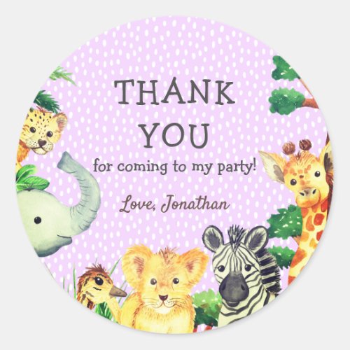 Lavender Cute Jungle Animals Thank You Birthday Classic Round Sticker
