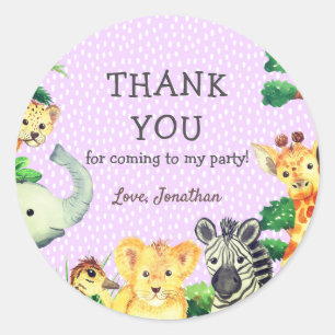 Lavender Cute Jungle Animals Thank You Birthday Classic Round Sticker