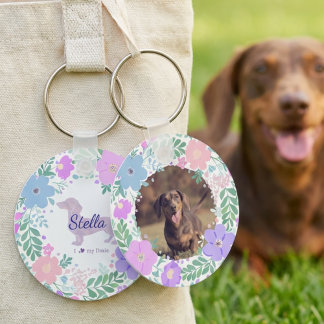Lavender Dachshund Custom Photo & Name - Floral  Keychain