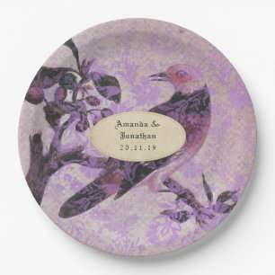 Lavender Damask Bird Wedding Paper Plates