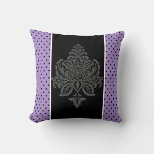 Lavender, damask & black polka dots throw pillow