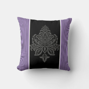 Lavender, damask & black stripes throw pillow