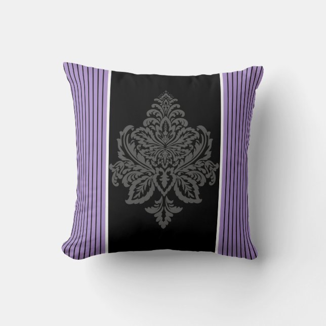 Lavender, damask & black stripes throw pillow (Front)
